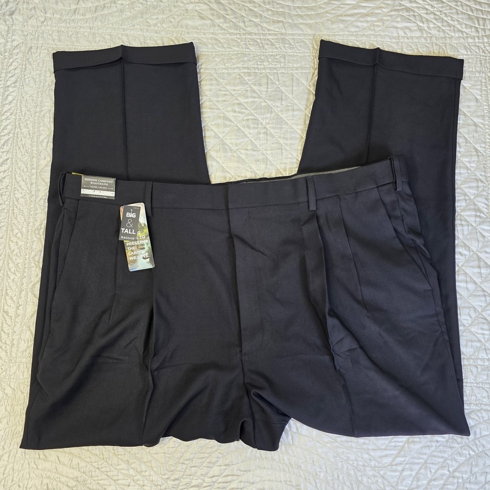 Haggar Mens Stretch Stria Classic Fit Pleated Pant Black 44x30 Cuffed New